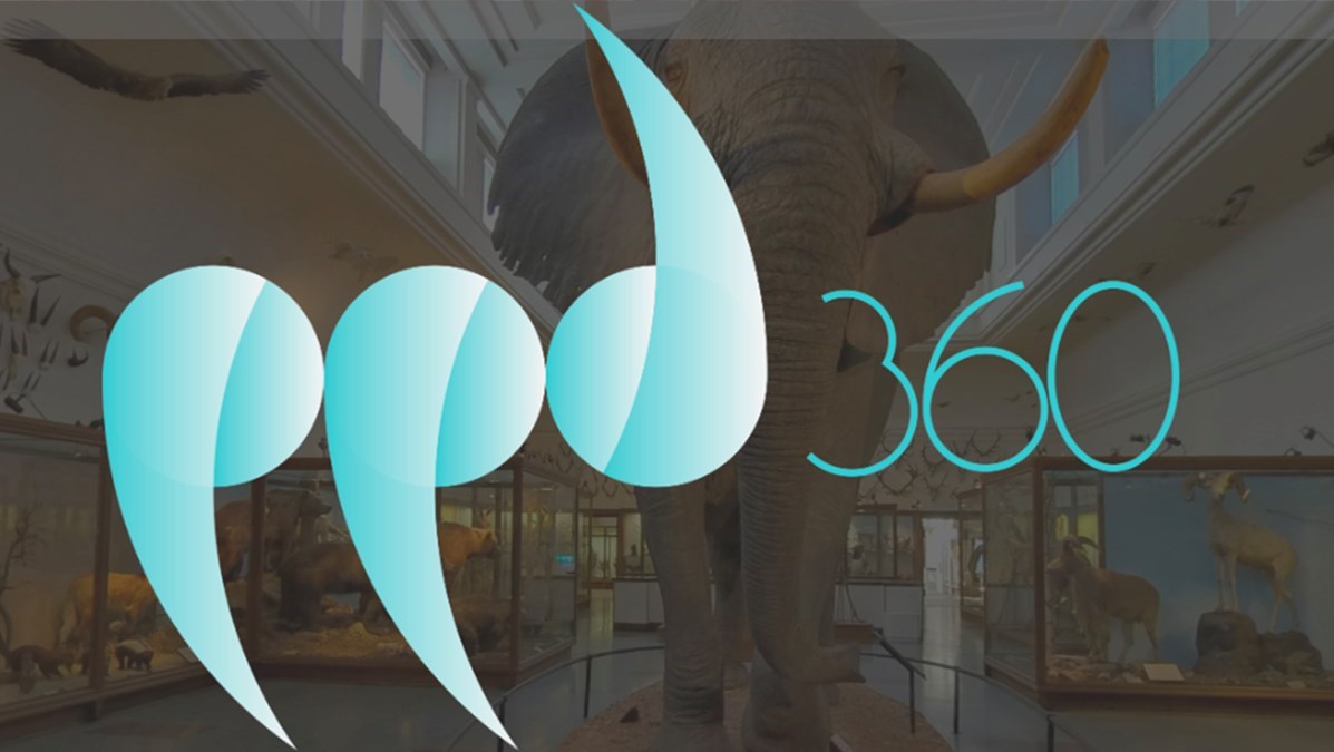 Vy från däggdjurssalen med 360 logotypen