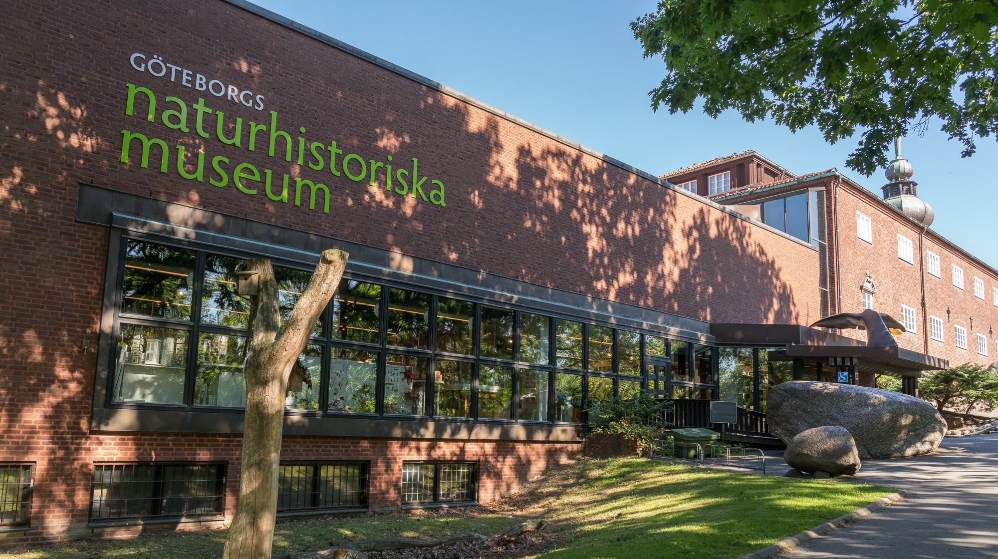En röd tegelbyggnad med texten "Göteborgs naturhistoriska museum" på väggen ovanför ett glasparti.