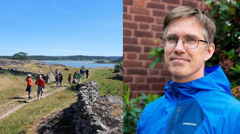 Bild på en grupp människor i kustlandskap samt en bild på Mattias Lindholm intendent på museet