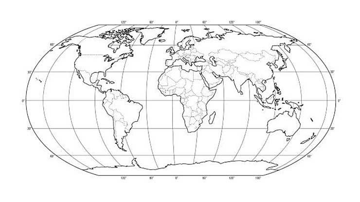 En världskarta med längdgrader utsatta