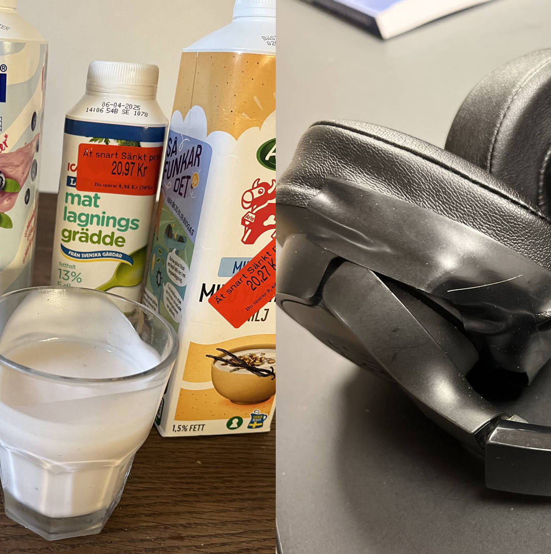 Två bilder intill varandra. Till vänster: yoghurtförpackningar med kort-datum-etikett. Till höger: en del av ett par hörlurar