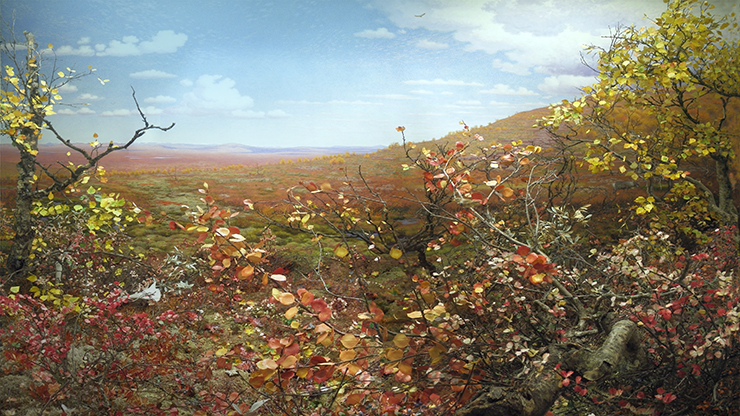 Ett diorama av ett landskap från norr, bakgrunden består av en målning och framför konstgjord växtlighet i höstfärger.