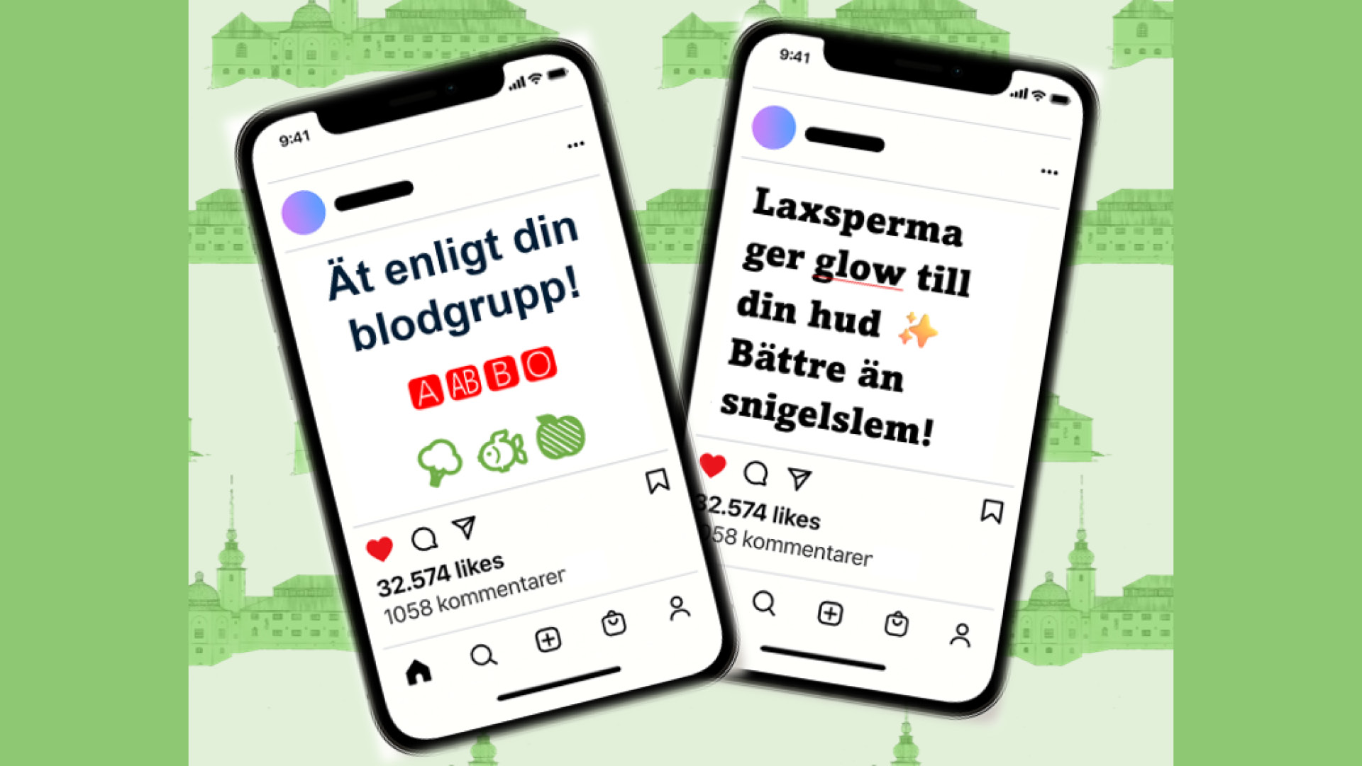 En illustration av två mobilskärmar med påståenden i text, i bakgrunden ett grönt mönster med Naturhistoriska i bakgrunden